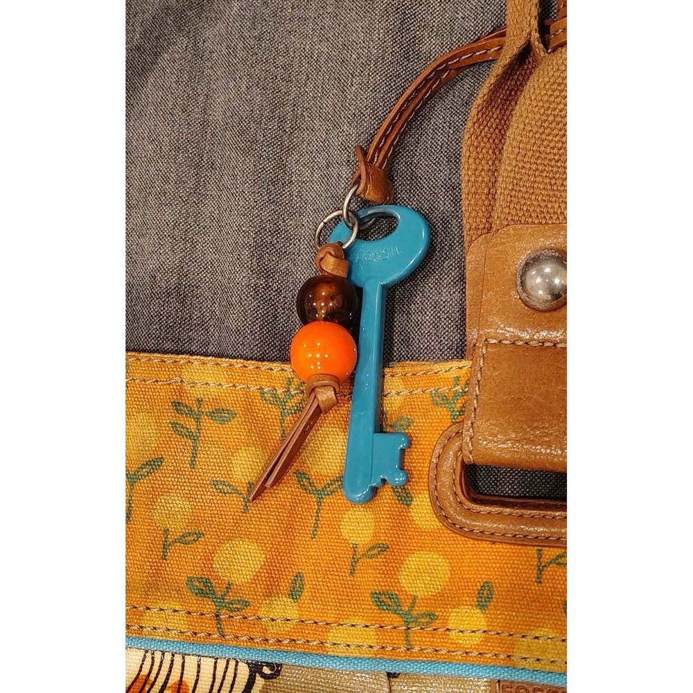 Fossil Key-Per Coated Canvas Tote Bag Birdcage Floral Print Orange Blue Vintage - Picture 5 of 5